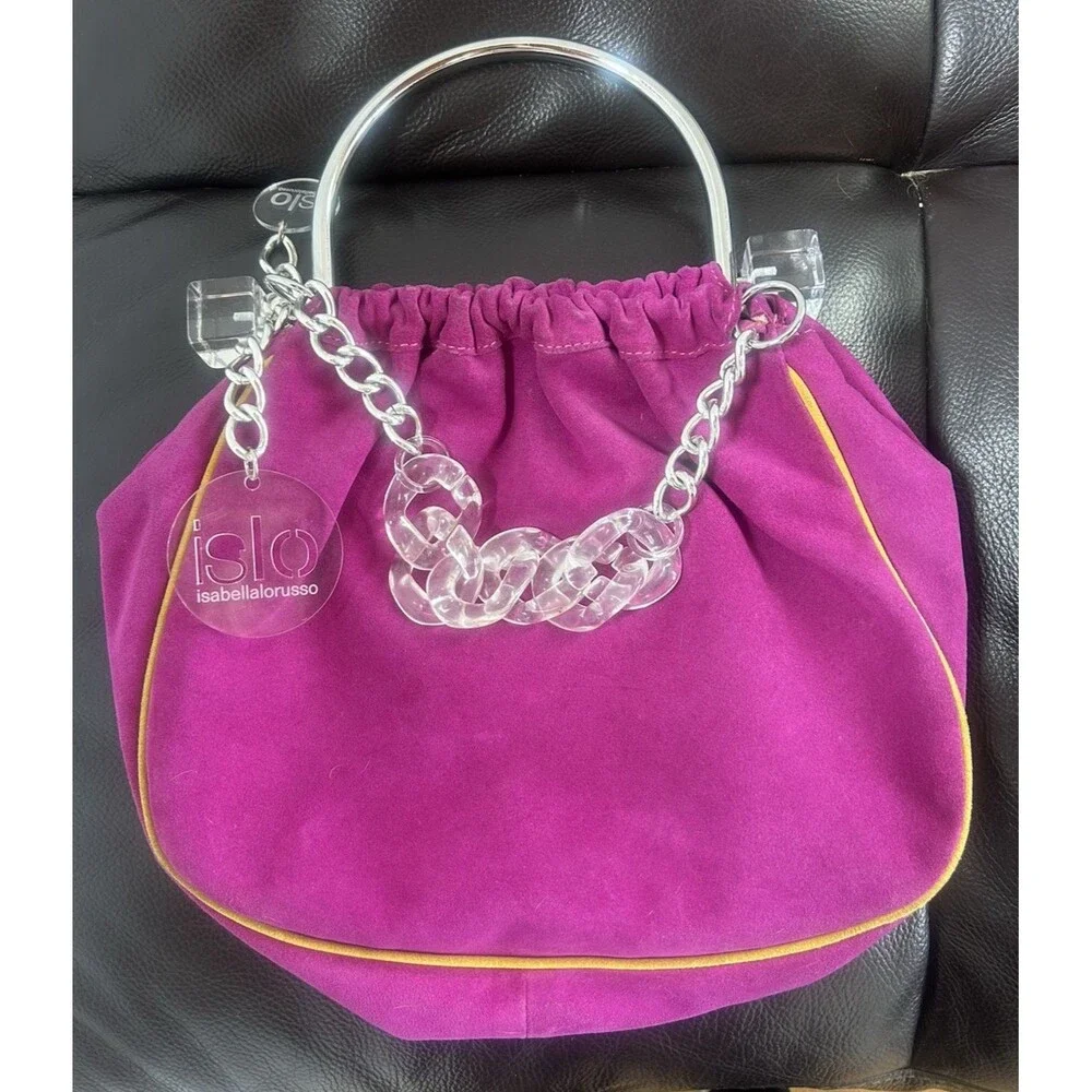Isabella Lorusso Pink Suede Bag w/yellow Piping Transparent Chain & Cube Accents